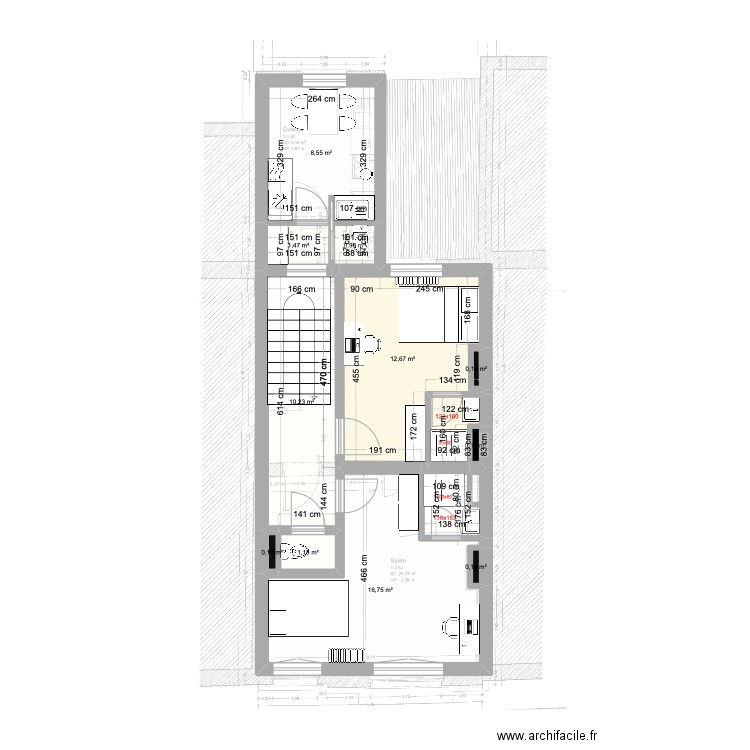 St Gilles Chee Woo 229 -2ieme etage chambre annexe. Plan de 13 pièces et 56 m2