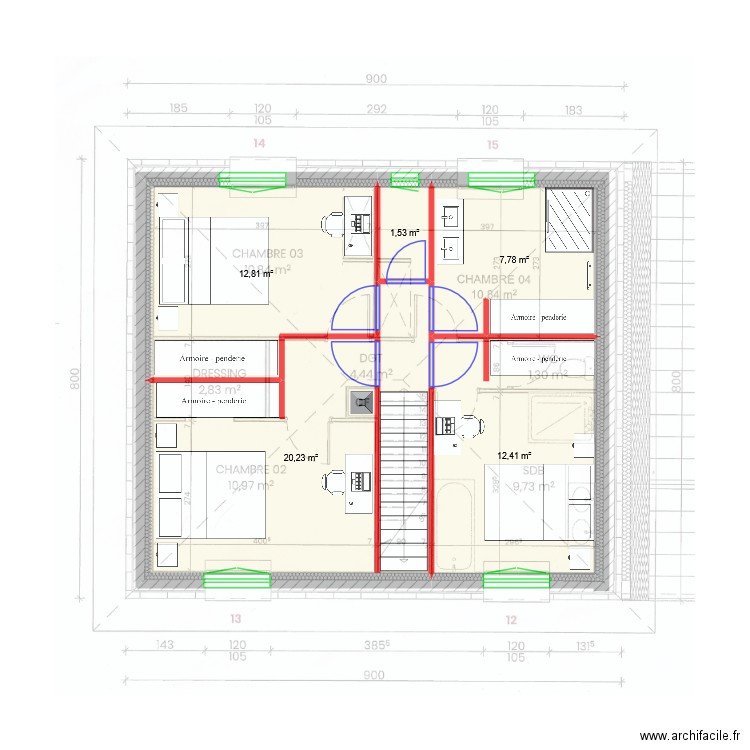 PLAN ETAGE CHEMIN DU MOULIN. Plan de 5 pièces et 55 m2