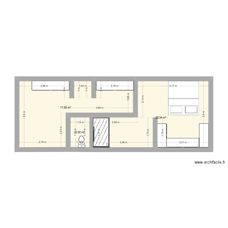 comble maison clere. Plan de 3 pièces et 40 m2
