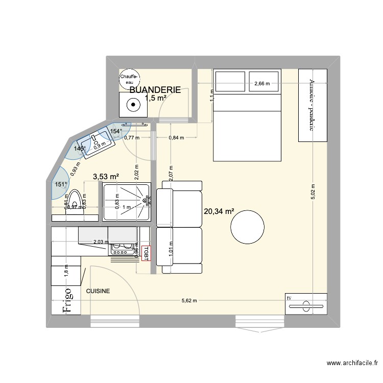 said Clichy. Plan de 3 pièces et 25 m2
