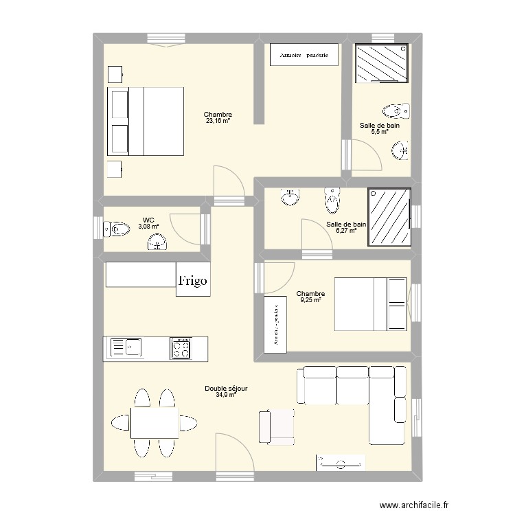appart 2 chambres. Plan de 6 pièces et 82 m2