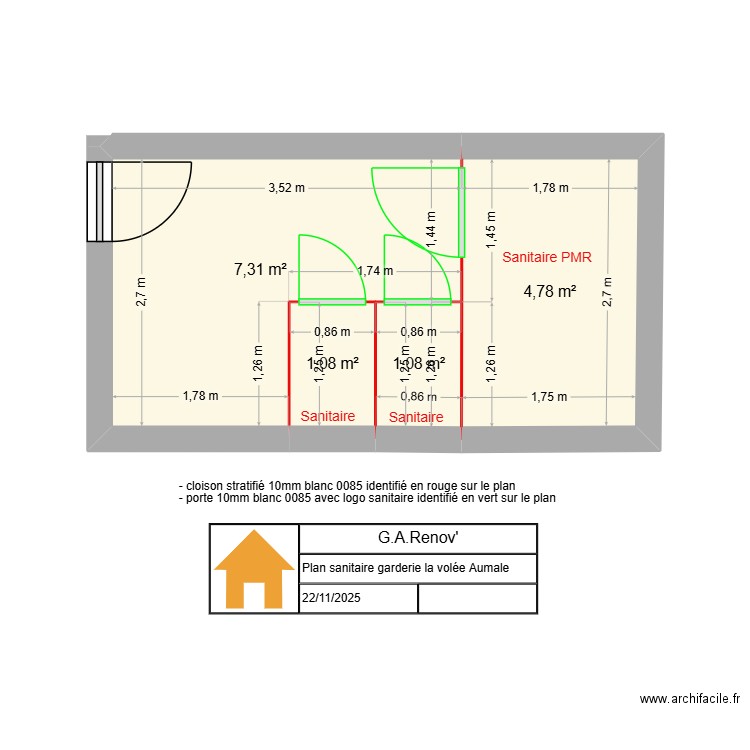 Sanitaire La volée Aumale. Plan de 4 pièces et 14 m2