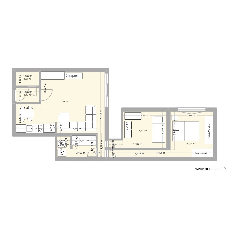 Appart 001. Plan de 5 pièces et 52 m2