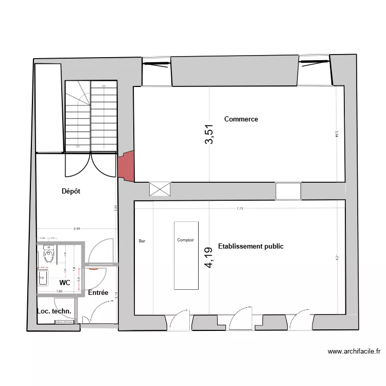 REZ 1/50 WC droite V2. Plan de 11  et 83 m²