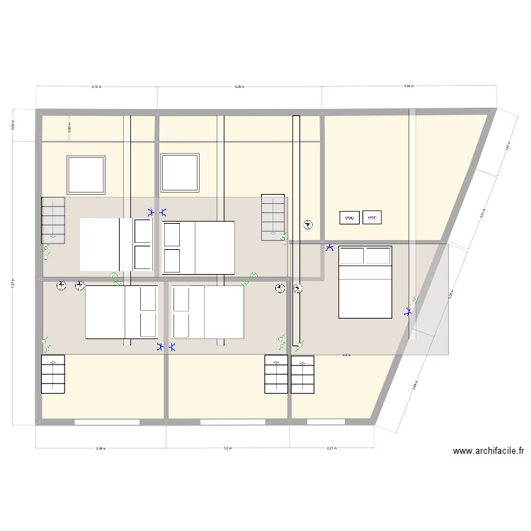 mezzanines. Plan de 7 pièces et 77 m2