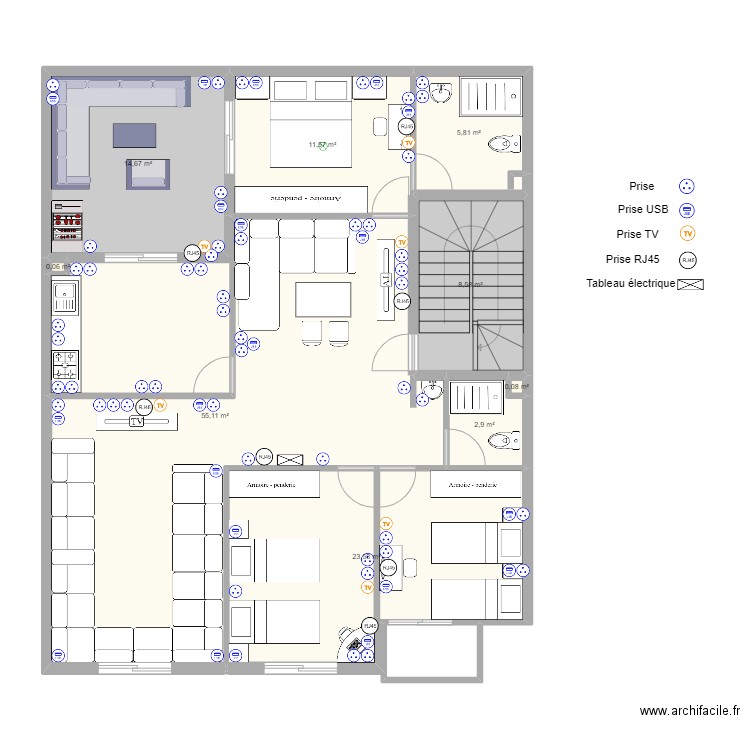 ETAGE PLAN ELECTRICITE PRISES. Plan de 9 pièces et 122 m2