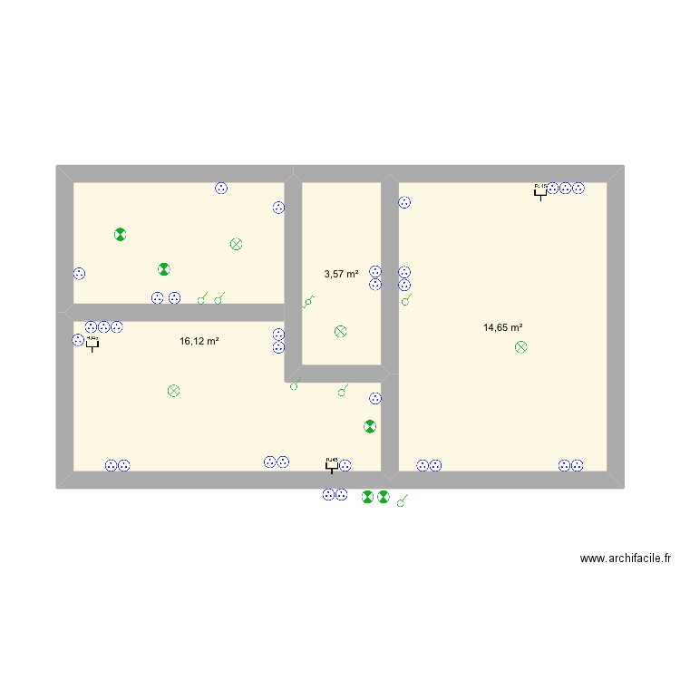 Etage et grenier. Plan de 3 pièces et 34 m2