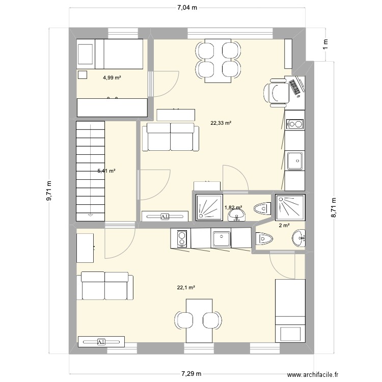 Etage 1 Moon Midden verdieping versie 3 kots. Plan de 6 pièces et 59 m2