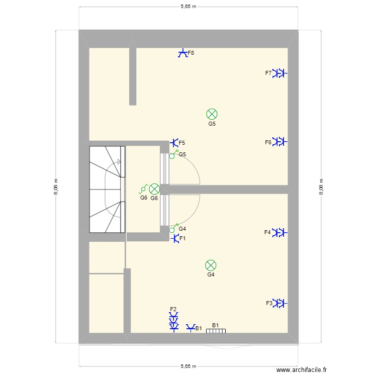 rez de chaussée. Plan de 5 pièces et 53 m2