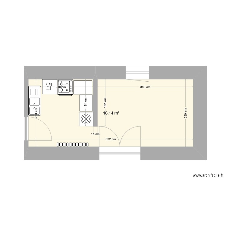 chapelle cusine. Plan de 1 pièce et 16 m2