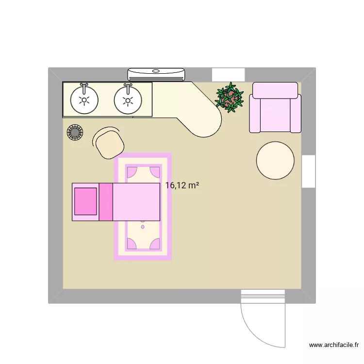 Cabine. Plan de 1  et 16 m²