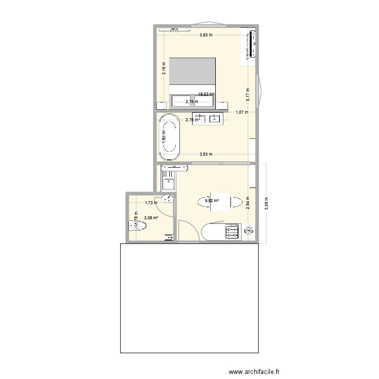 chambre d'hôte maison blanche. Plan de 3 pièces et 32 m2