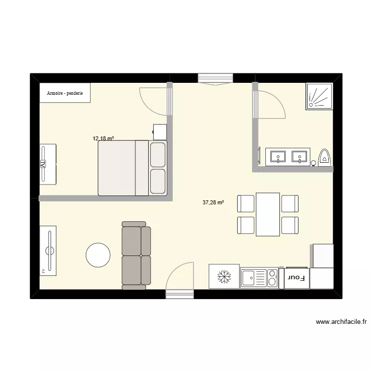knl,. Plan de 2 Pièces et 49 m²