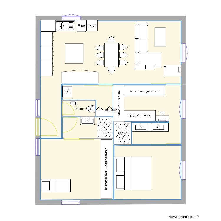 66 bellet. Plan de 3 pièces et 72 m2