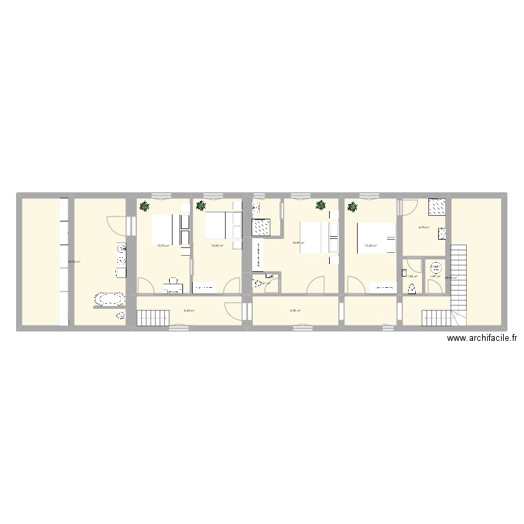 Etage avec  chambres d'hôtes double et  familiale 2. Plan de 12 pièces et 146 m2