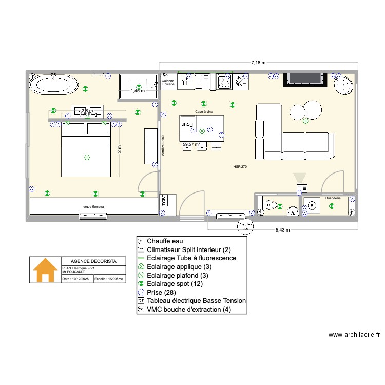 2D_ELECT_V1_PAUL. Plan de 1 pièce et 60 m2
