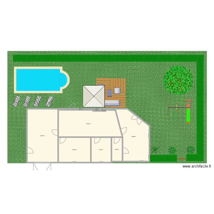 Piscine. Plan de 10 pièces et 112 m2