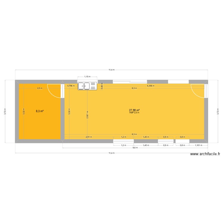 Projet JFL - Pièce à vivre. Plan de 2 pièces et 36 m2