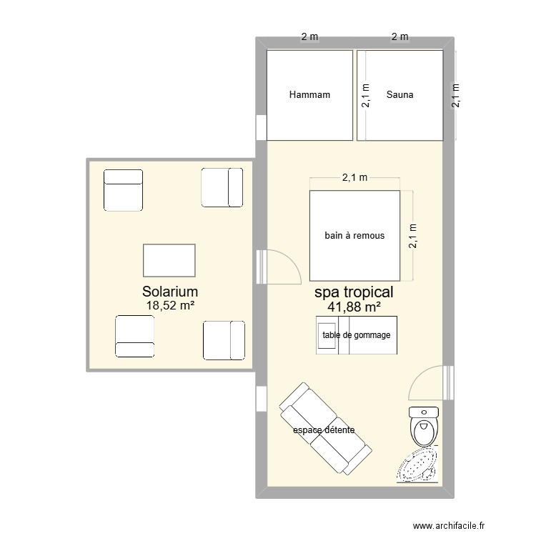 espace spa tropical. Plan de 2 pièces et 60 m2