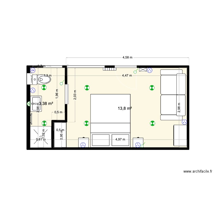 Studio. Plan de 2 pièces et 17 m2