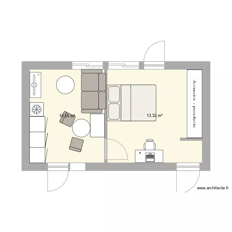 T2 meublé V2. Plan de 2 Pièces et 24 m² T2 meublé V2. Plan de 2 Pièces et 24 m²