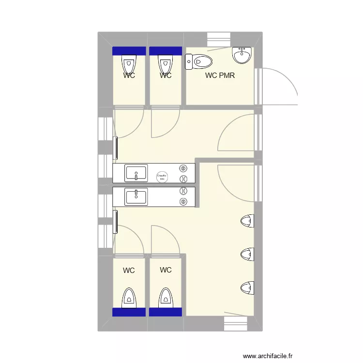 Sanitaires Salle. Plan de 7  et 23 m²