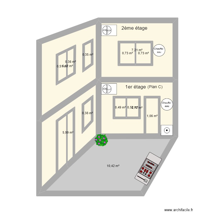 Maison El Houda - Coupe sur COUR (Plan C). Plan de 14 pièces et 49 m2