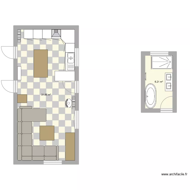 Salon-Cuisine 2. Plan de 2 Pièces et 38 m² Salon-Cuisine 2. Plan de 2 Pièces et 38 m²