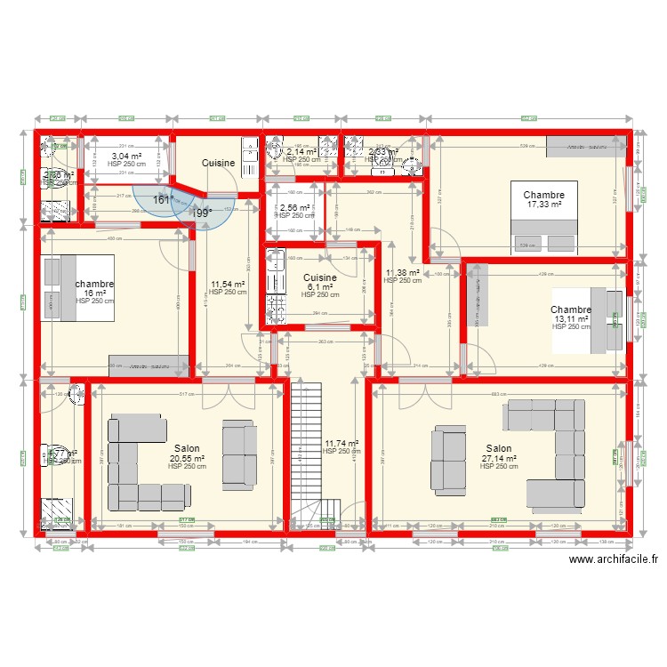 alou. Plan de 16 pièces et 155 m2