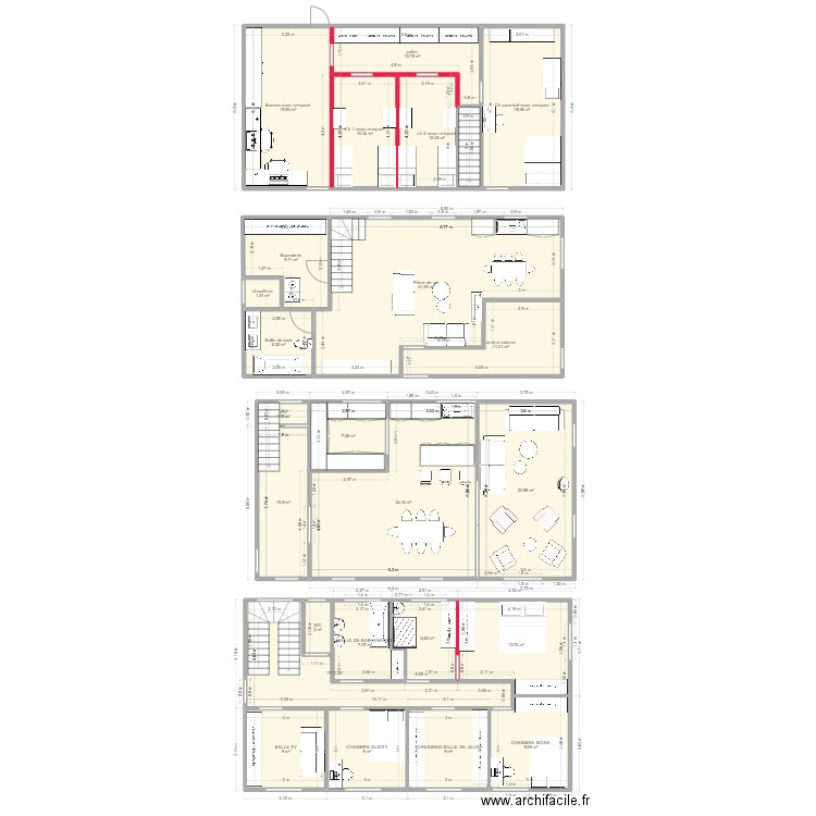 Projet maison . Plan de 24 pièces et 302 m2