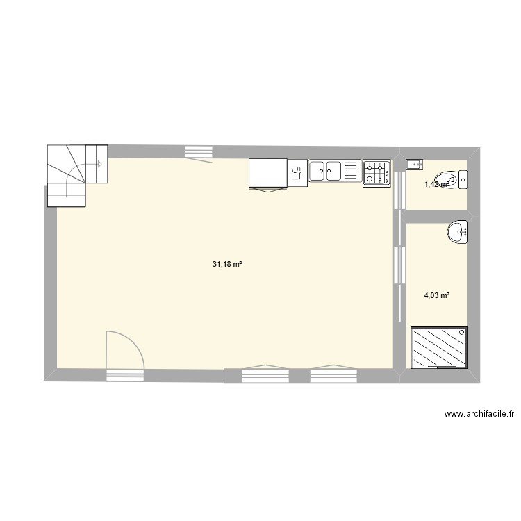 cuisine avec sdb wc dans le fond. Plan de 3 pièces et 37 m2