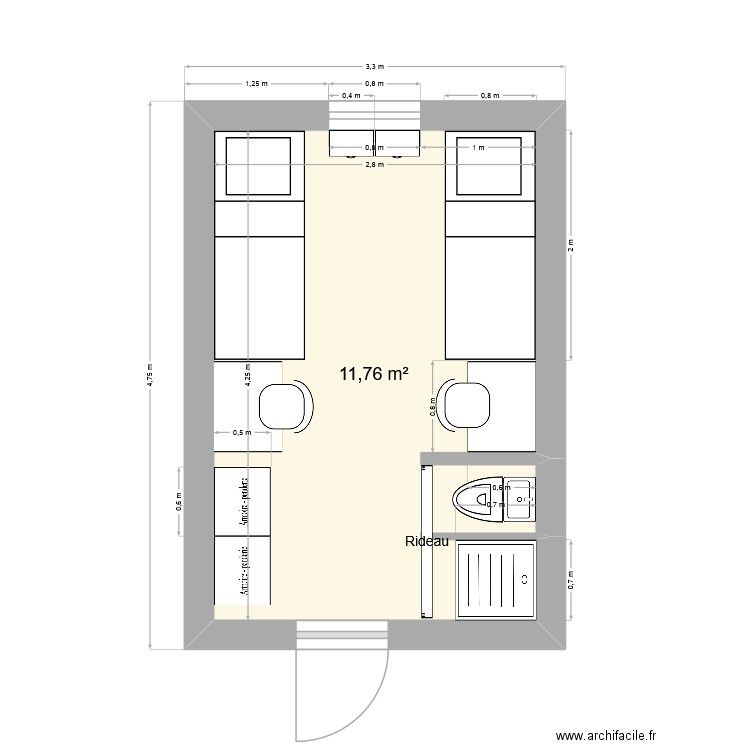 Cellule double UG. Plan de 1 pièce et 12 m2