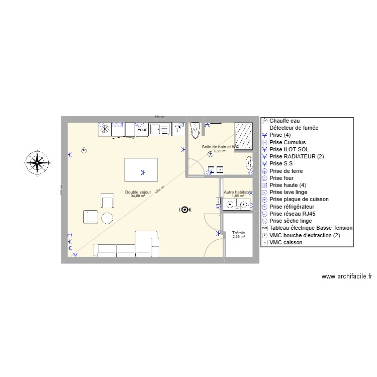 appt 3. Plan de 6 pièces et 45 m2