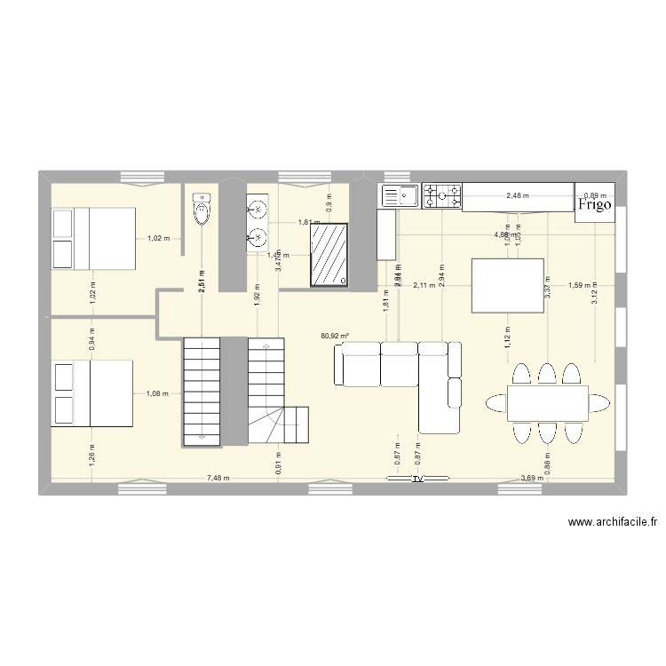 jumeaux. Plan de 1 pièce et 81 m2