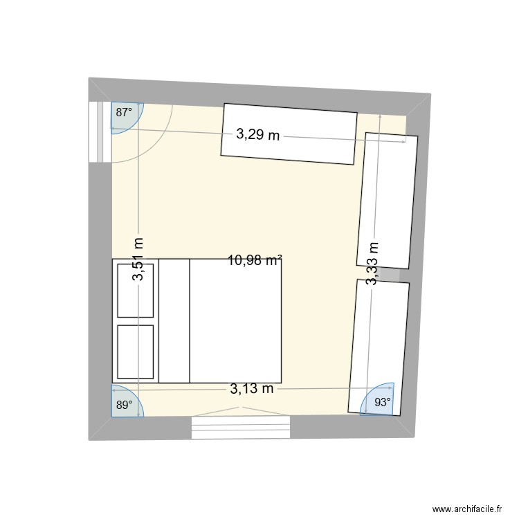 chambre. Plan de 1 pièce et 11 m2