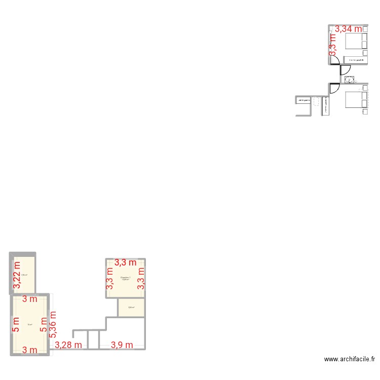 Tests. Plan de 4 pièces et 36 m2