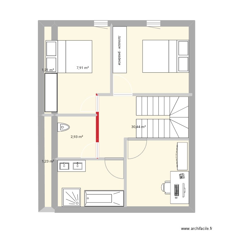 Etage. Plan de 5 pièces et 44 m2