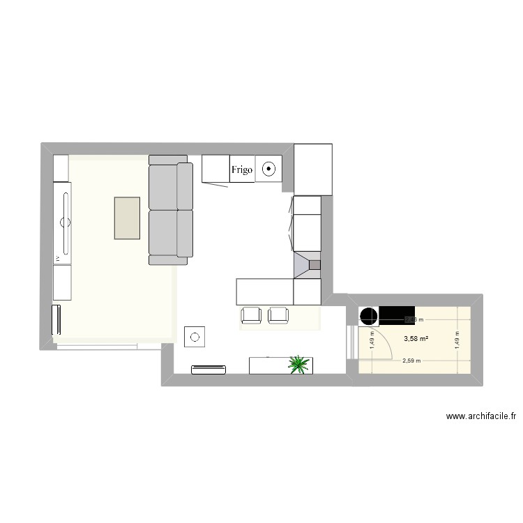 salon cuisine. Plan de 1 pièce et 4 m2