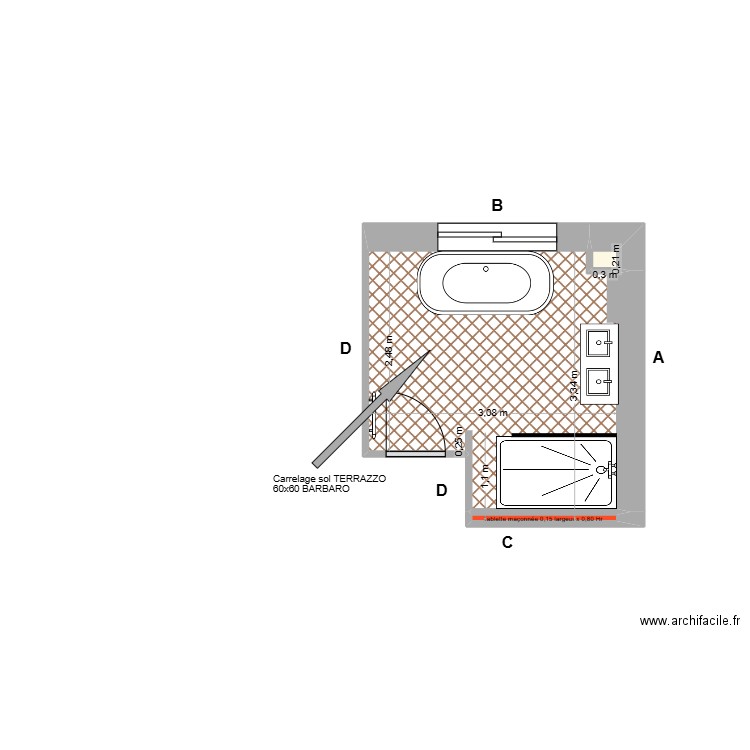 SDB Etage Mittainville Aménagement. Plan de 3 pièces et 9 m2