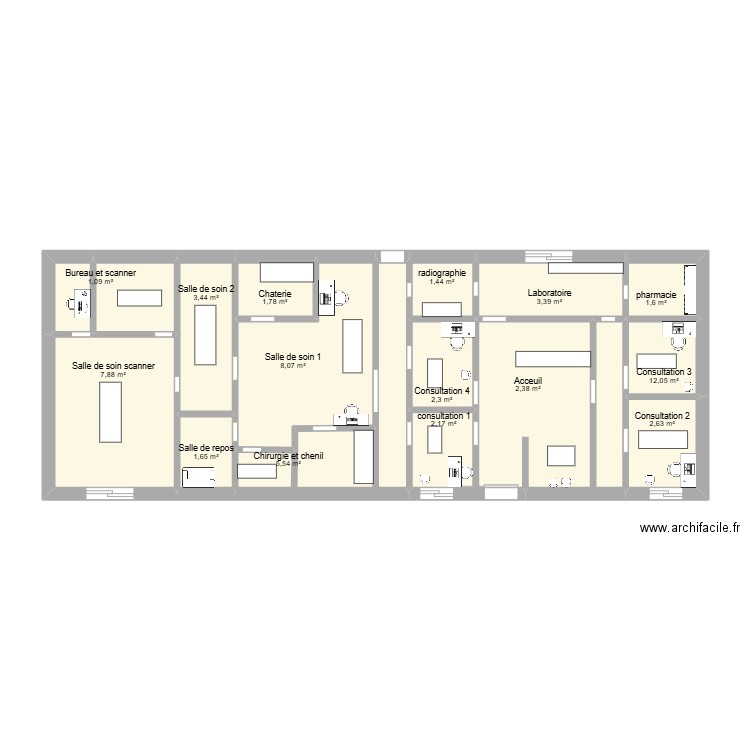 Plan clinique CMONVETO. Plan de 15 pièces et 57 m2