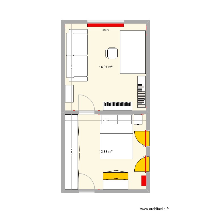 Bureau avec Canapé. Plan de 2 pièces et 28 m2