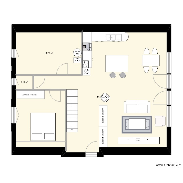 Rdc. Plan de 3 pièces et 89 m2