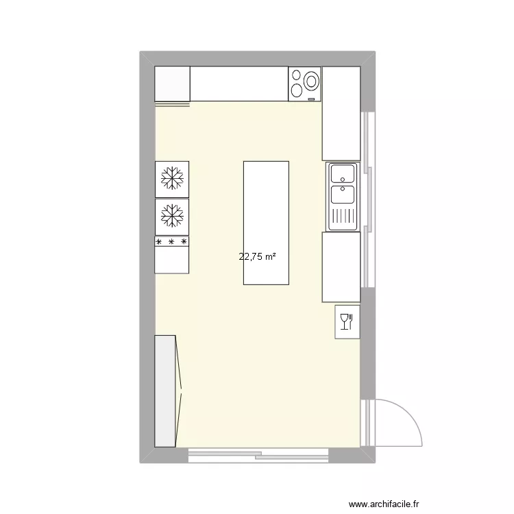 cuisine. Plan de 1  et 23 m²