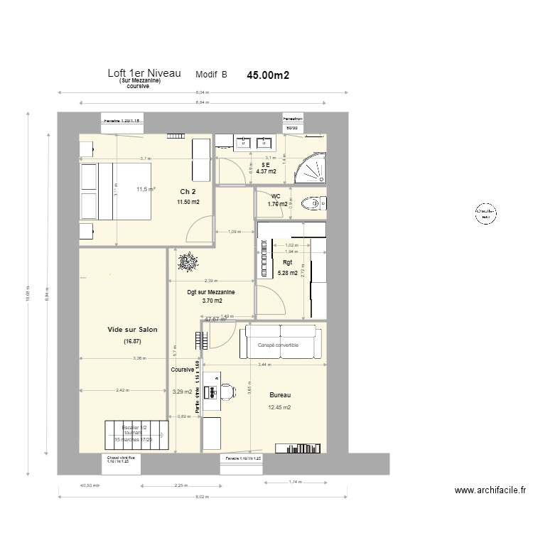 Loft 1 Niveau,Mezzanine +coursive Modif C/E. . Plan de 2 pièces et 59 m2