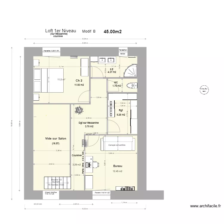 Loft 1 Niveau,Mezzanine +coursive Modif C/E. . Plan de 