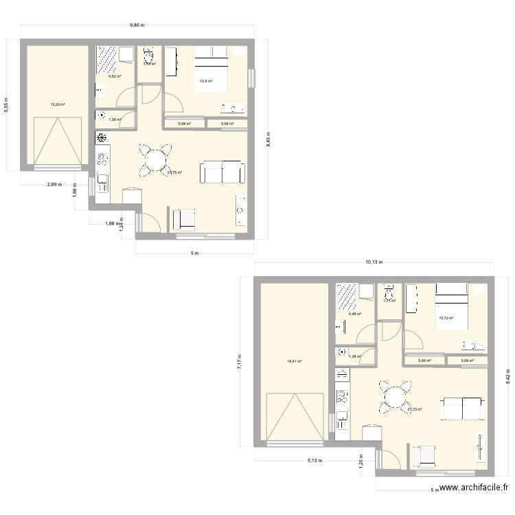 F2 + garage + F3. Plan de 16 pièces et 128 m2