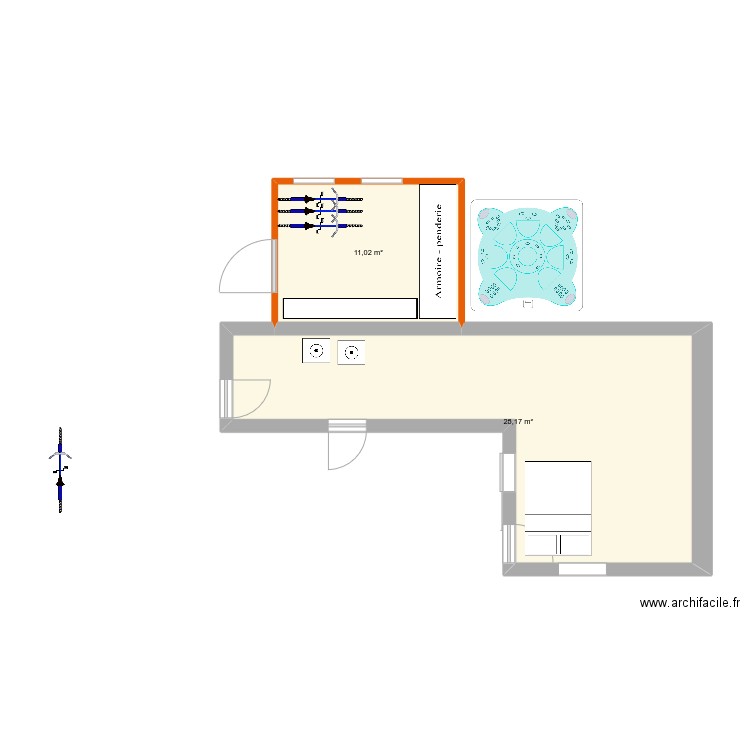 Extension. Plan de 2 pièces et 39 m2