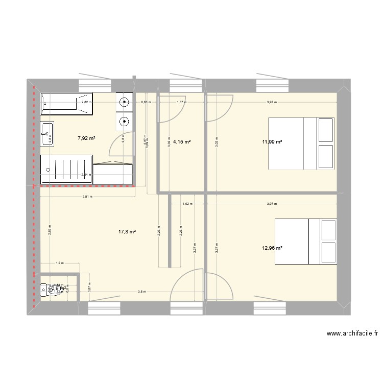 plan 1 er etage V3. Plan de 6 pièces et 56 m2