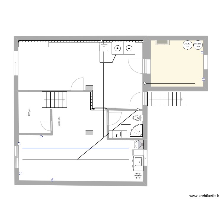 Sous sol plomberie. Plan de 1 pièce et 9 m2