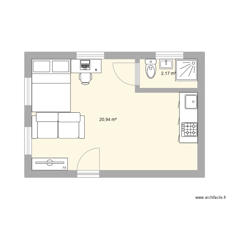 rdc studio. Plan de 2 pièces et 23 m2